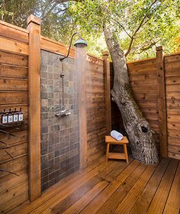 Wood and Tile Outdoor Shower Enclosure